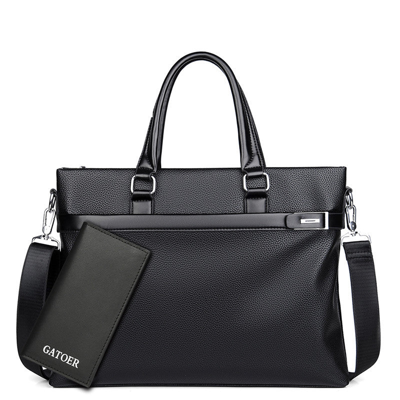 Black leather briefcase with top handles and GATOER side pouch
