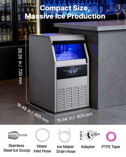 Black commercial countertop ice maker with blue ice window and front grille