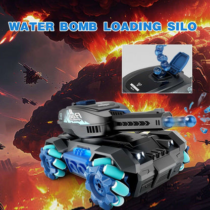 RC stunt tank toy with top compartment and blue wheels; dark gray and light blue