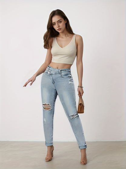 Light blue slim-fit denim leggings with multiple distressed rips and ankle length cuffs