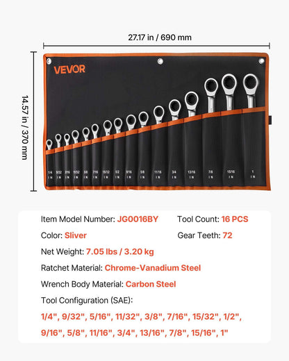 16-piece SAE ratcheting wrench set in black-orange storage roll, chrome-vanadium.