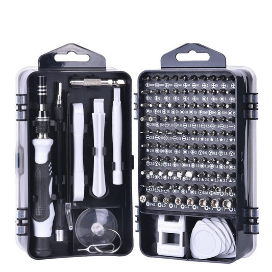 Black precision screwdriver set in plastic organizer case with assorted bits and tools.