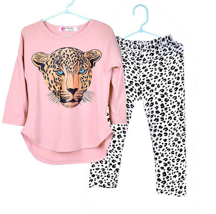 Children's clothing set: pink leopard graphic long-sleeve shirt with white leopard leggings