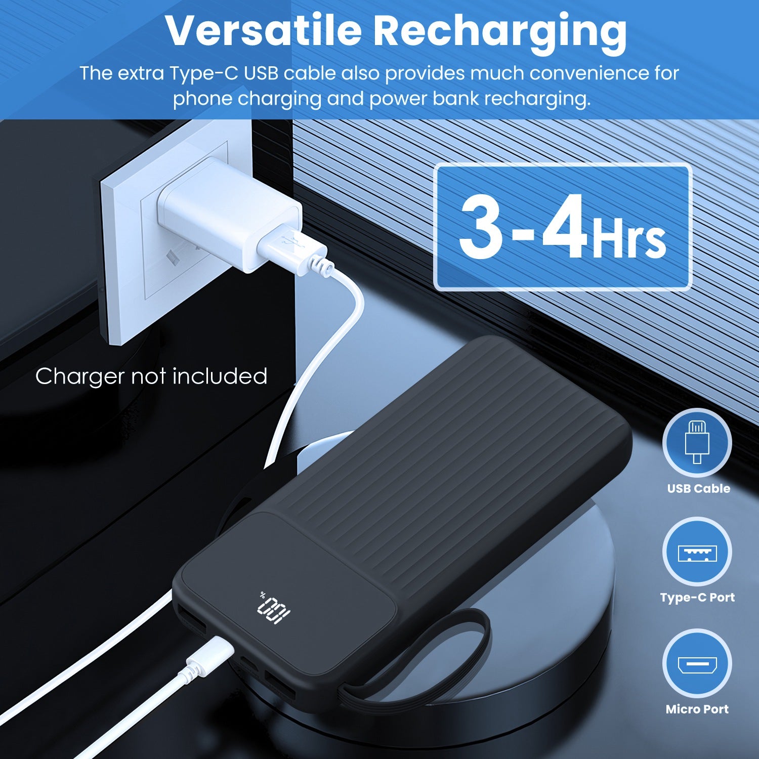 20000mAh PD22W Fast Charging Power Bank | Built-in Cables & LED Display