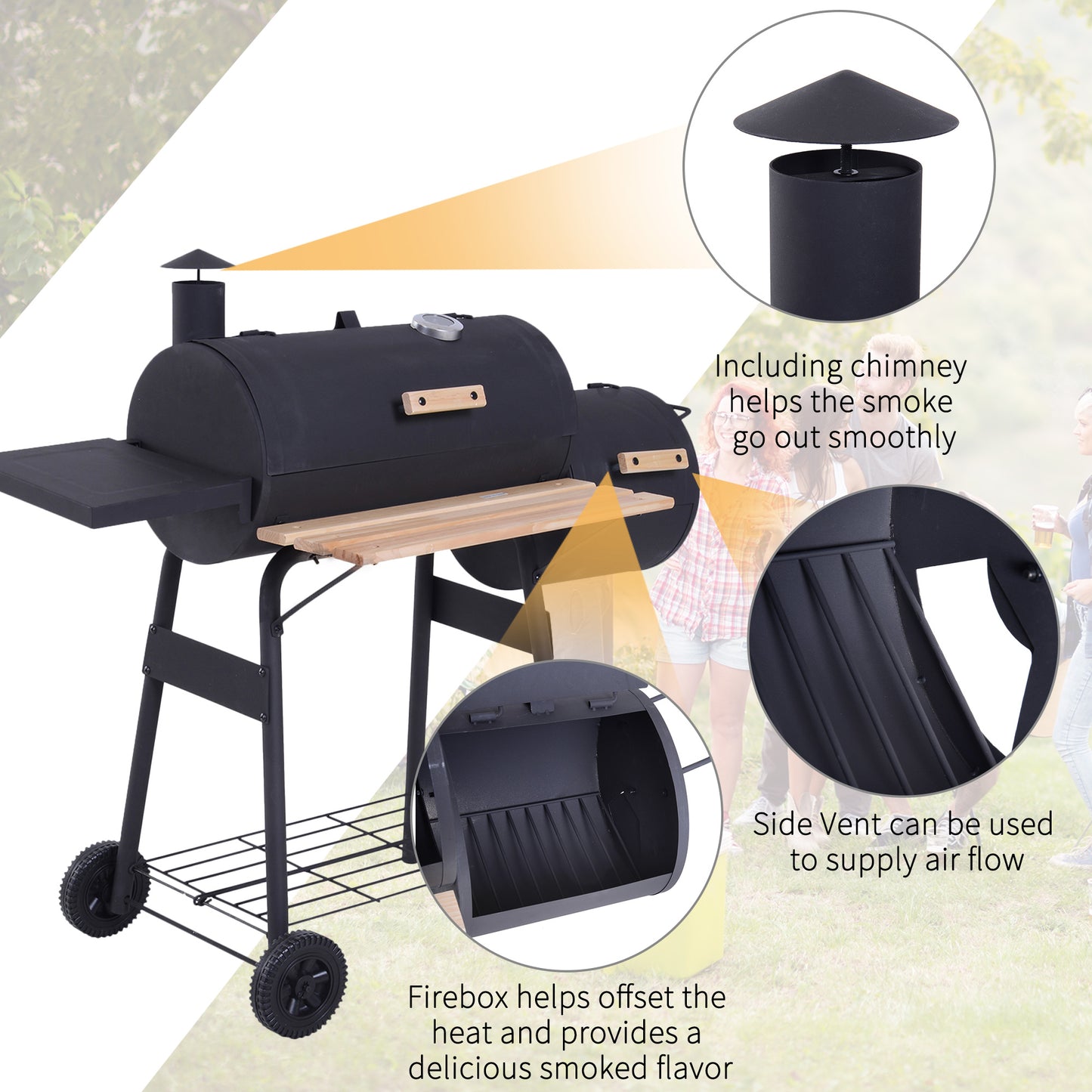 Portable Charcoal BBQ Grill with Wheels & Shelves - Outdoor Cooking
