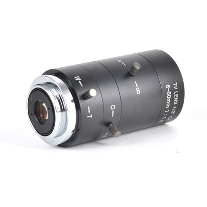 Camera lens with control knobs on a white background