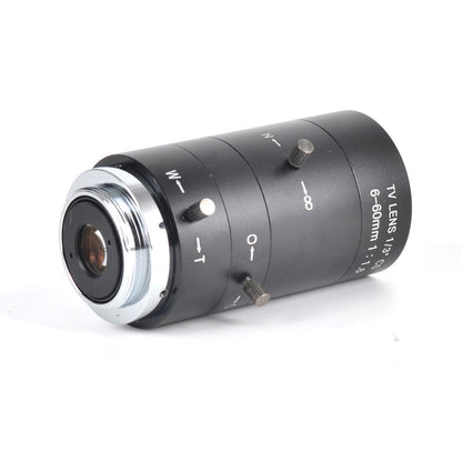 Camera lens with control knobs on a white background
