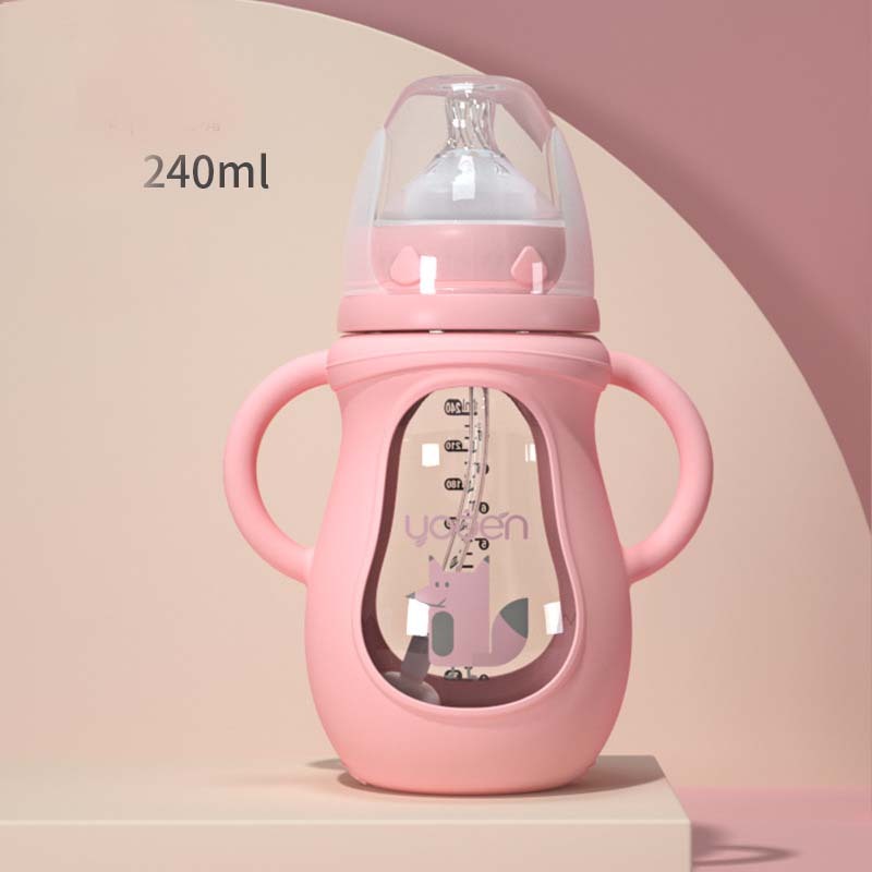 {{ brand }} Insulated Glass Baby Bottle – Anti-Scald Silicone Handle Pink B - Anti-Scalding Handle Silicone Sleeve Ins