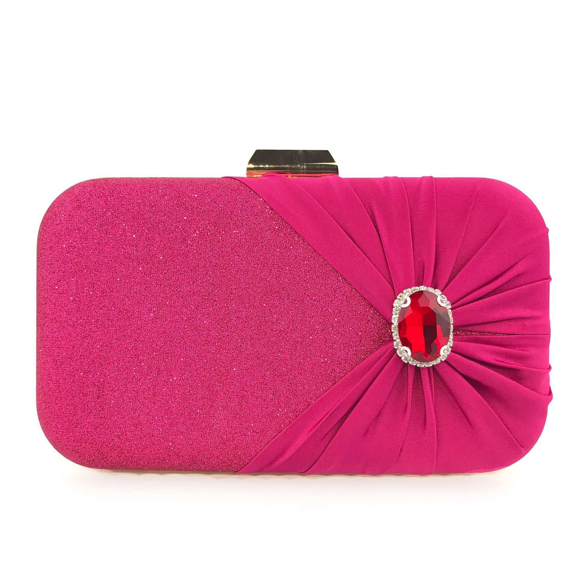 Hot pink glitter clutch with pleated satin flap and oval red rhinestone clasp