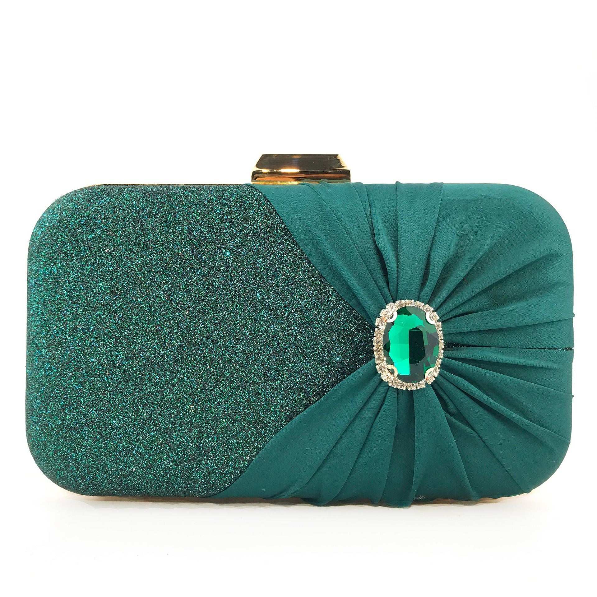 Teal glitter ladies clutch with ruched satin flap and oval emerald rhinestone clasp