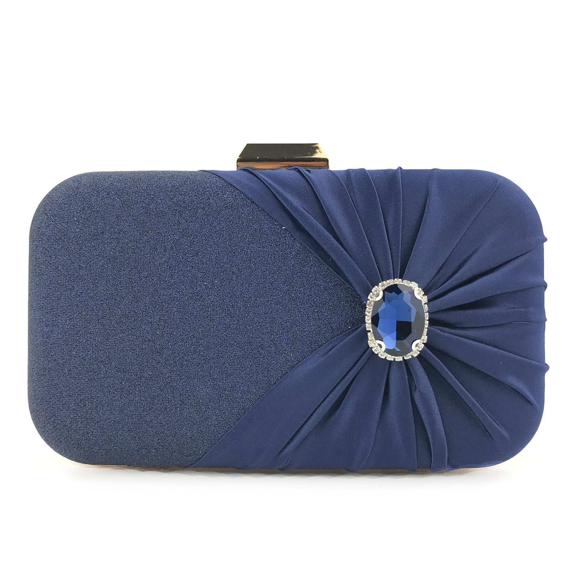 Blue glitter ladies clutch with ruched satin side and oval crystal rhinestone clasp