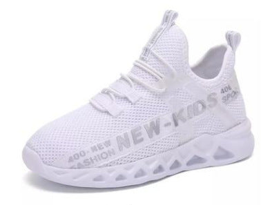 White mesh kids sneaker, lace-up with thick tread sole