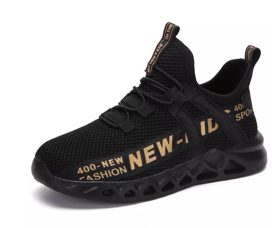 Black mesh kids sneaker, lace-up with thick tread sole