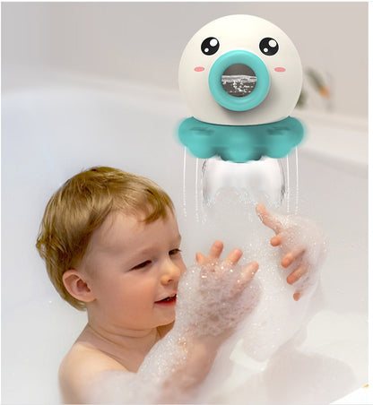 Child playing with a duck-shaped bath toy in a bathtub filled with bubbles