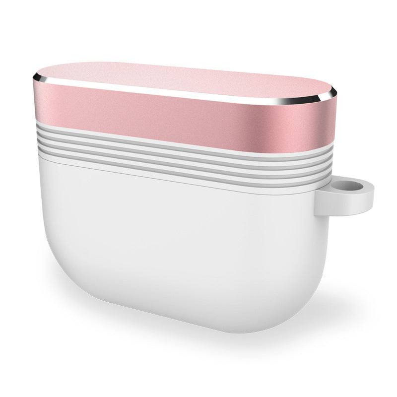 Protective metal earbud case with wrist strap, white shell with pink lid and silver trim.