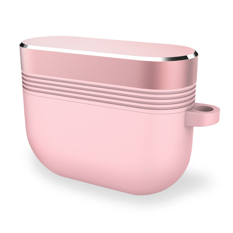 Protective metal earbud case with wrist strap, pink shell with silver trim.