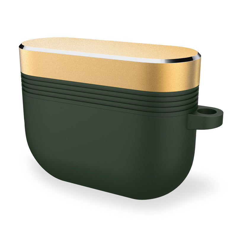 Protective metal earbud case with wrist strap, dark green shell and gold top with silver edge.