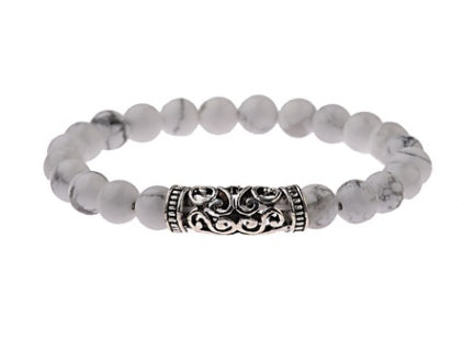 Gray beaded bracelet with ornate silver center clasp