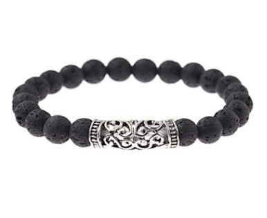 Black lava-stone beaded bracelet with ornate silver center bar