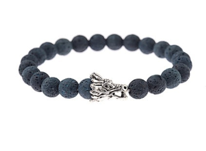 Dark blue-black beaded bracelet with silver dragon head charm