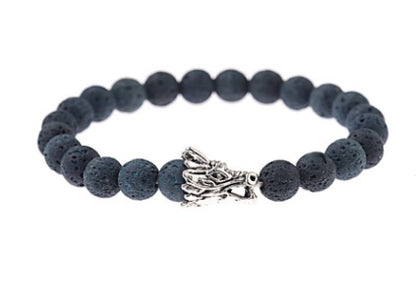 Dark blue-black beaded bracelet with silver dragon head charm