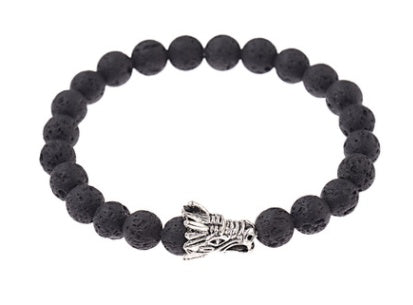 Black beaded bracelet with silver dragon head charm