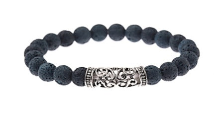 Black lava-stone bracelet with ornate silver filigree center bar