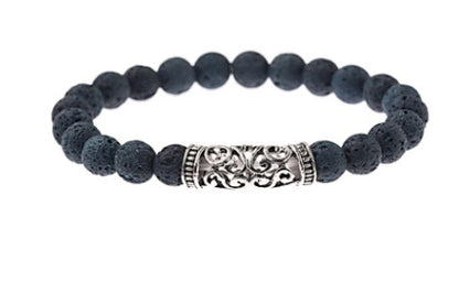Black lava-stone bracelet with ornate silver filigree center bar