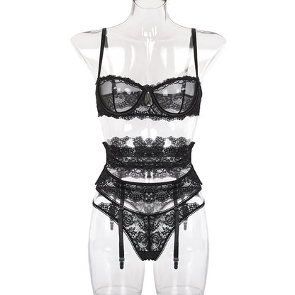 Yimunancy 3-piece Lingerie Set Women Transparent Sexy Bra Set Ladies Lace Lingerie Intimates Underwear Set