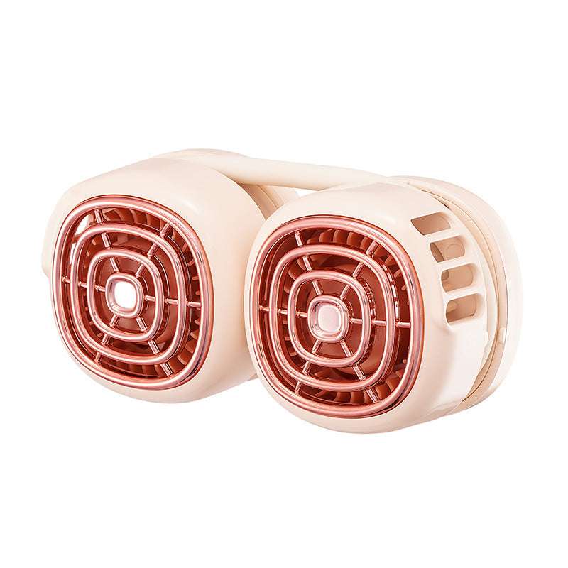 Light pink hanging neck fan with twin circular grille vents