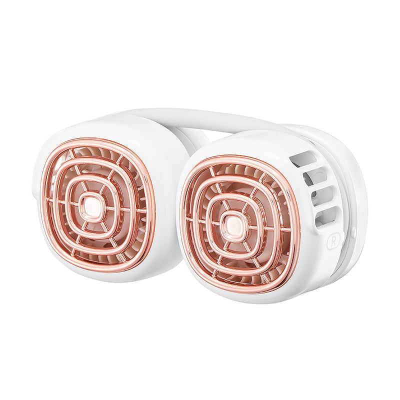 White hanging neck fan with twin circular grille vents