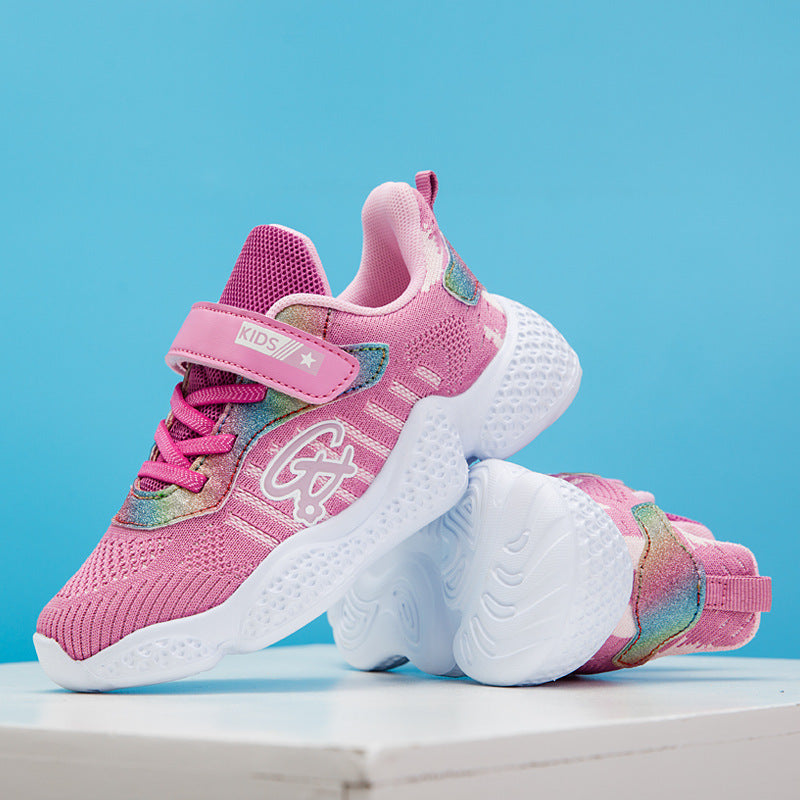 Pink girl sneakers with white sole, rainbow heel detail and KIDS logo strap