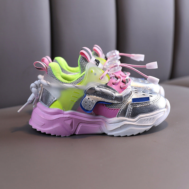 Kids non-slip sneakers with pink and lime green uppers, silver toe, chunky white sole