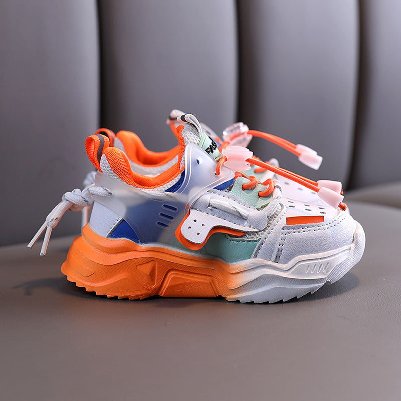 Kids non-slip sneakers with white and orange upper, blue side panel, lace-up, chunky sole
