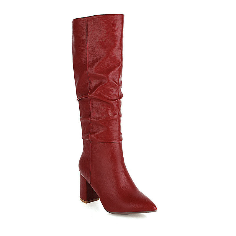 Medium Tube Pointed Toe Thick Heel And Fleece Boots