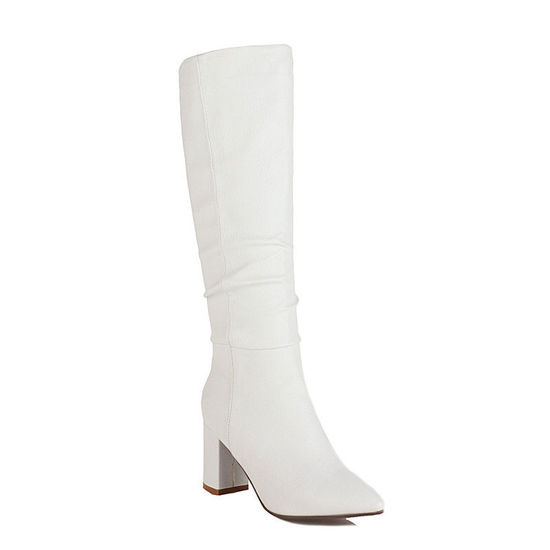 Medium Tube Pointed Toe Thick Heel And Fleece Boots