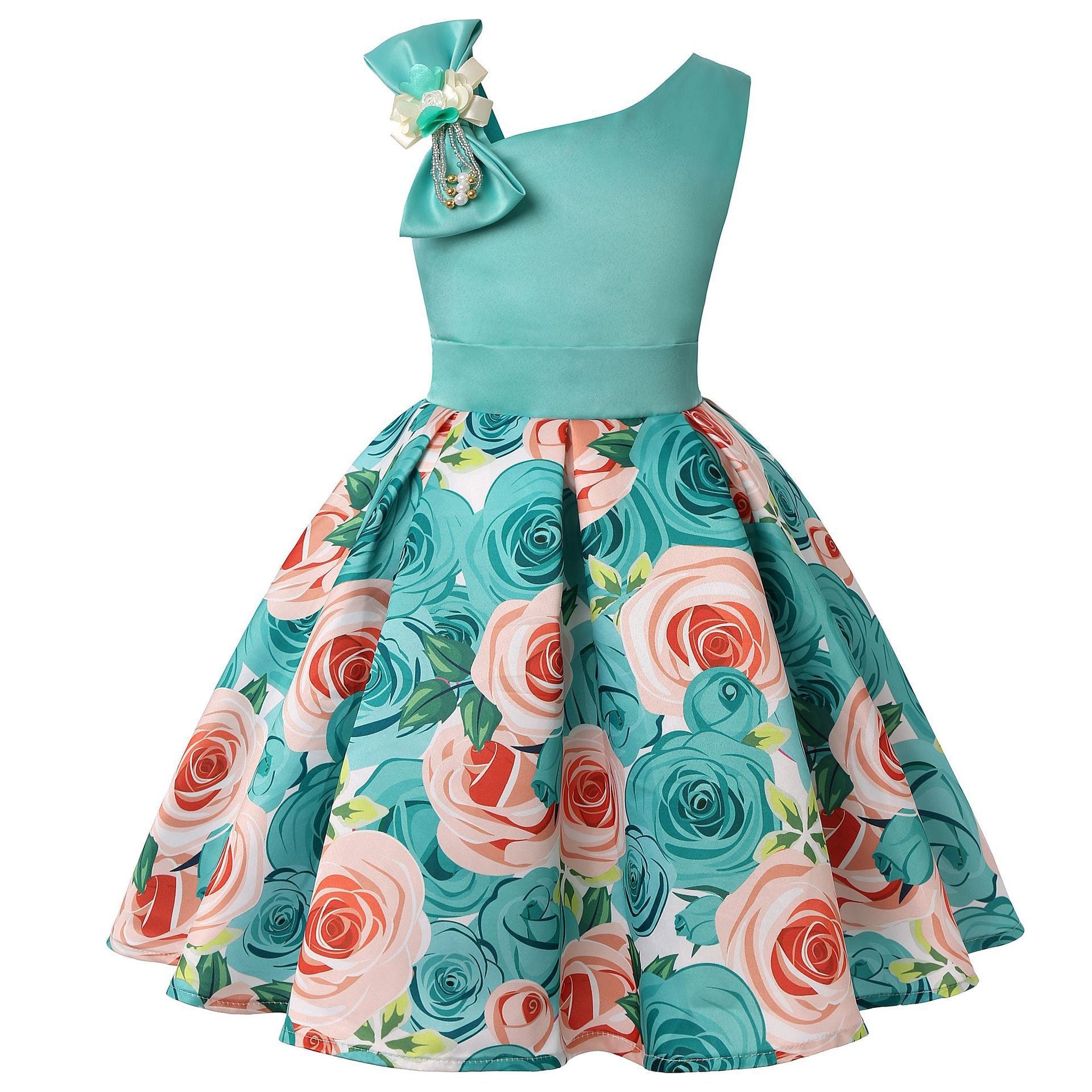 Girls princess dress with teal sleeveless bodice and rose-print flared skirt