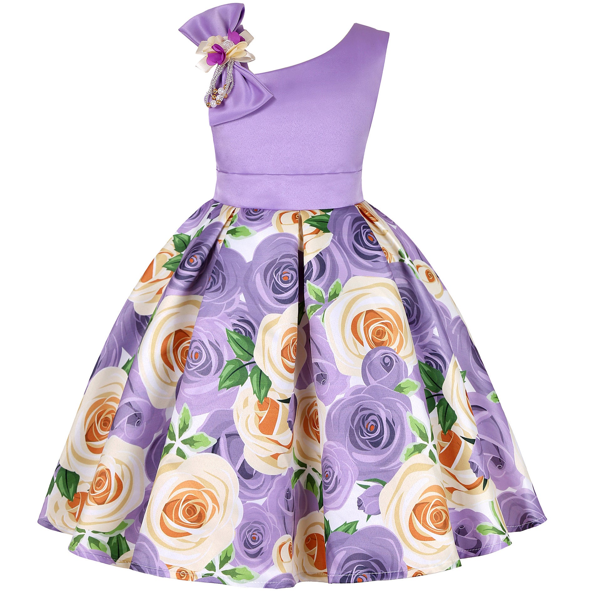 Girls princess dress with lavender sleeveless bodice and rose-print flared skirt