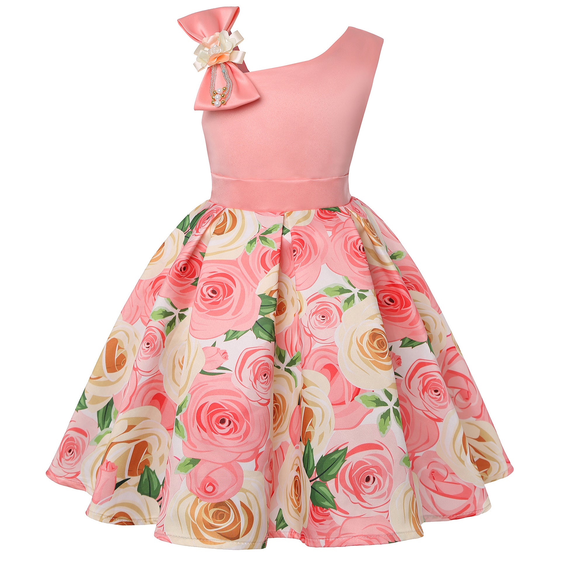 Girls princess dress with pink sleeveless bodice and rose-print twirl skirt