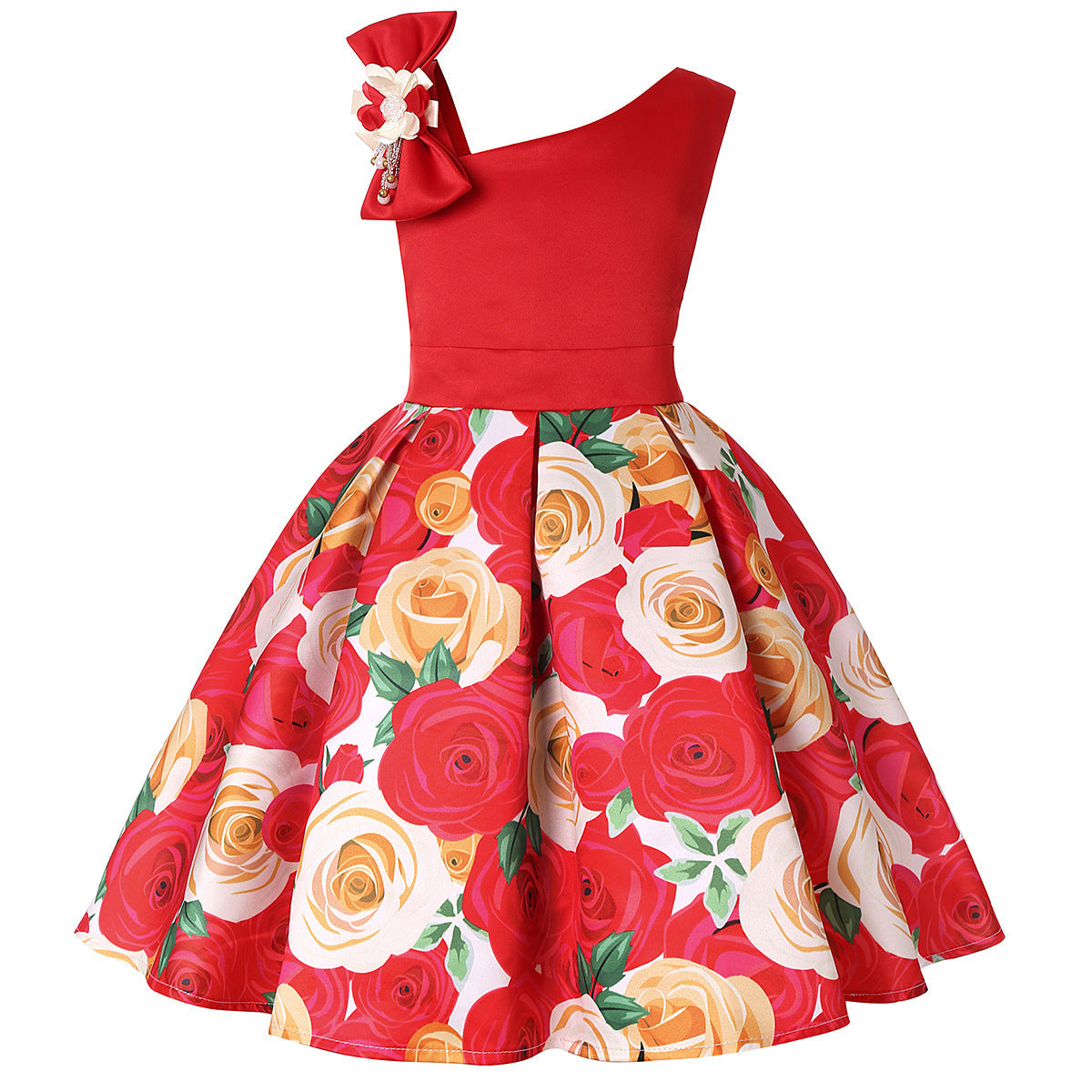 Girls princess dress with red sleeveless bodice and rose-print twirl skirt