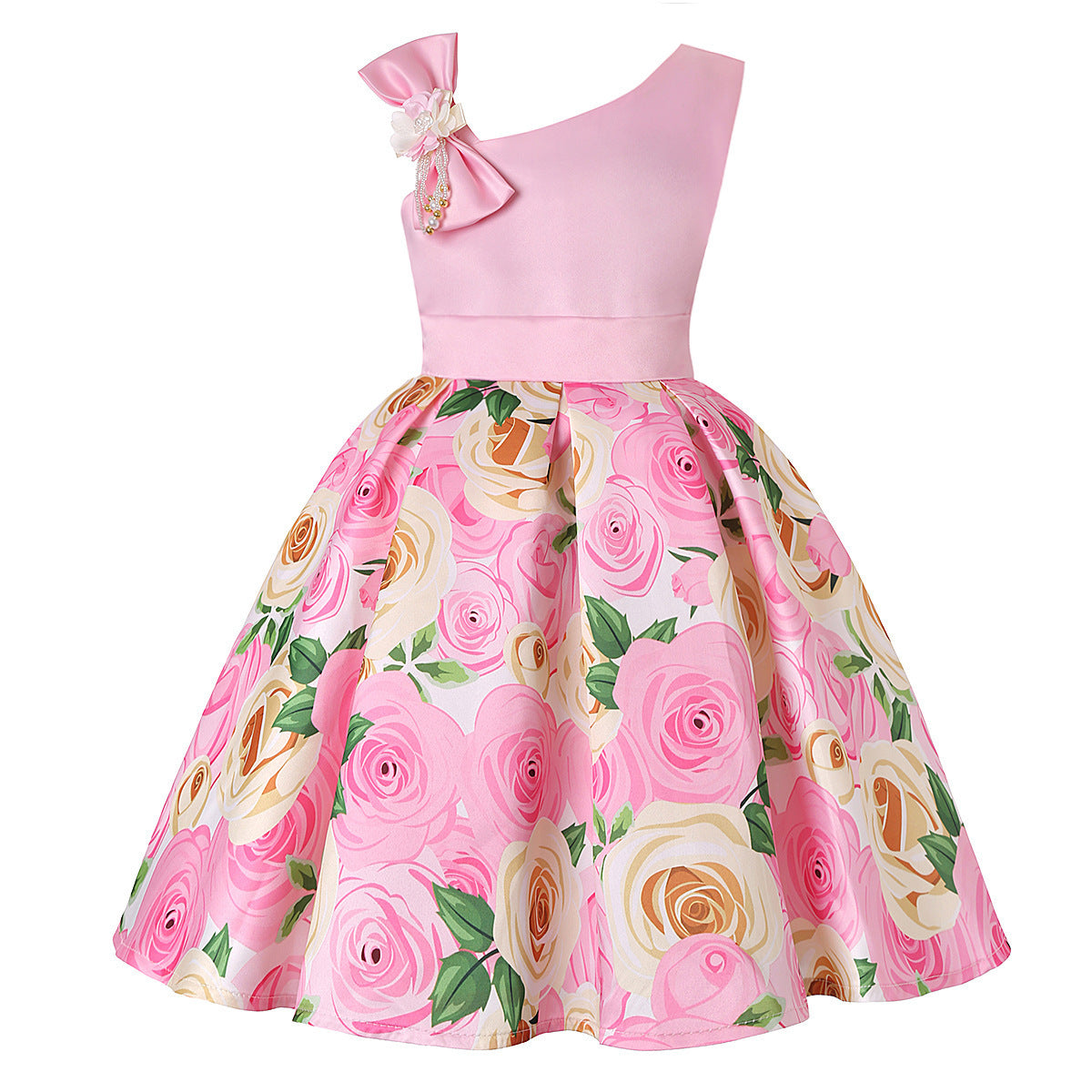 Girls princess dress with light pink sleeveless bodice and rose-print flared skirt