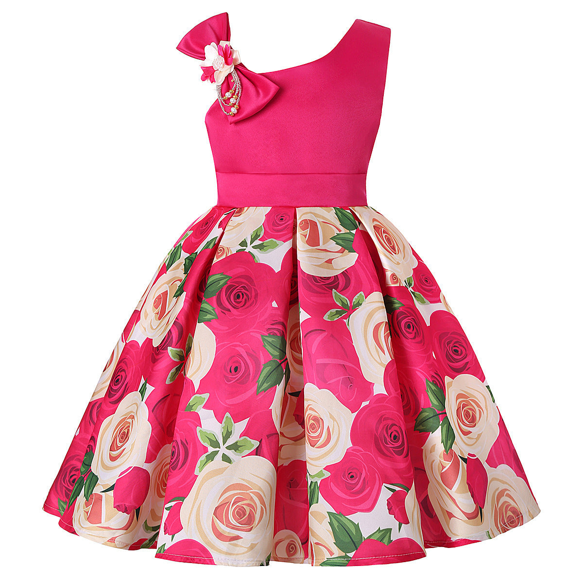 Girls princess dress with fuchsia sleeveless bodice and rose-print flared skirt