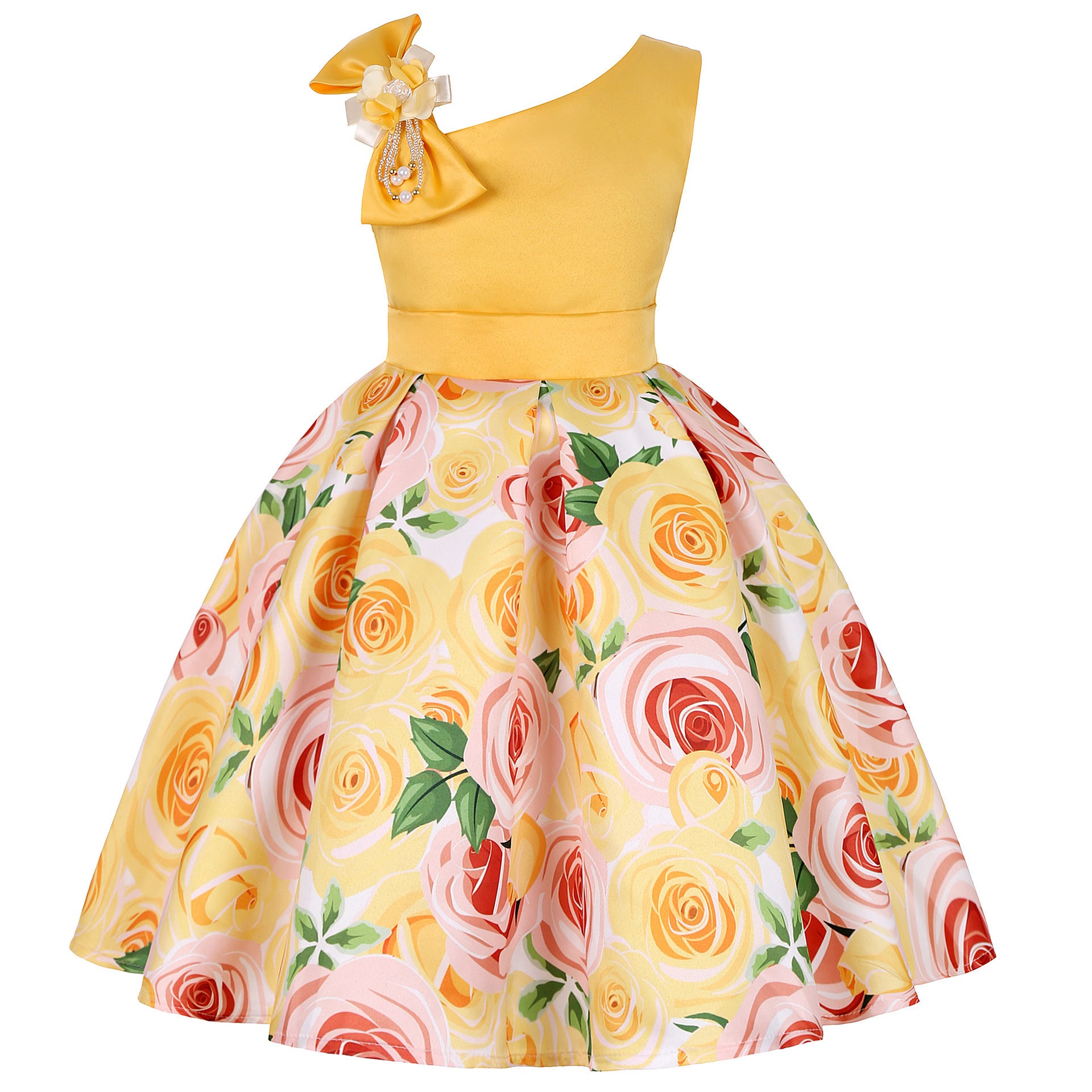Girls princess dress with yellow bodice and multicolor rose-print flared skirt
