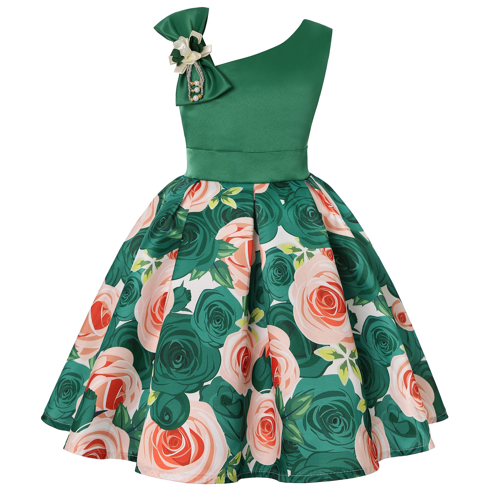Girls princess dress with green sleeveless bodice and rose-print flared skirt