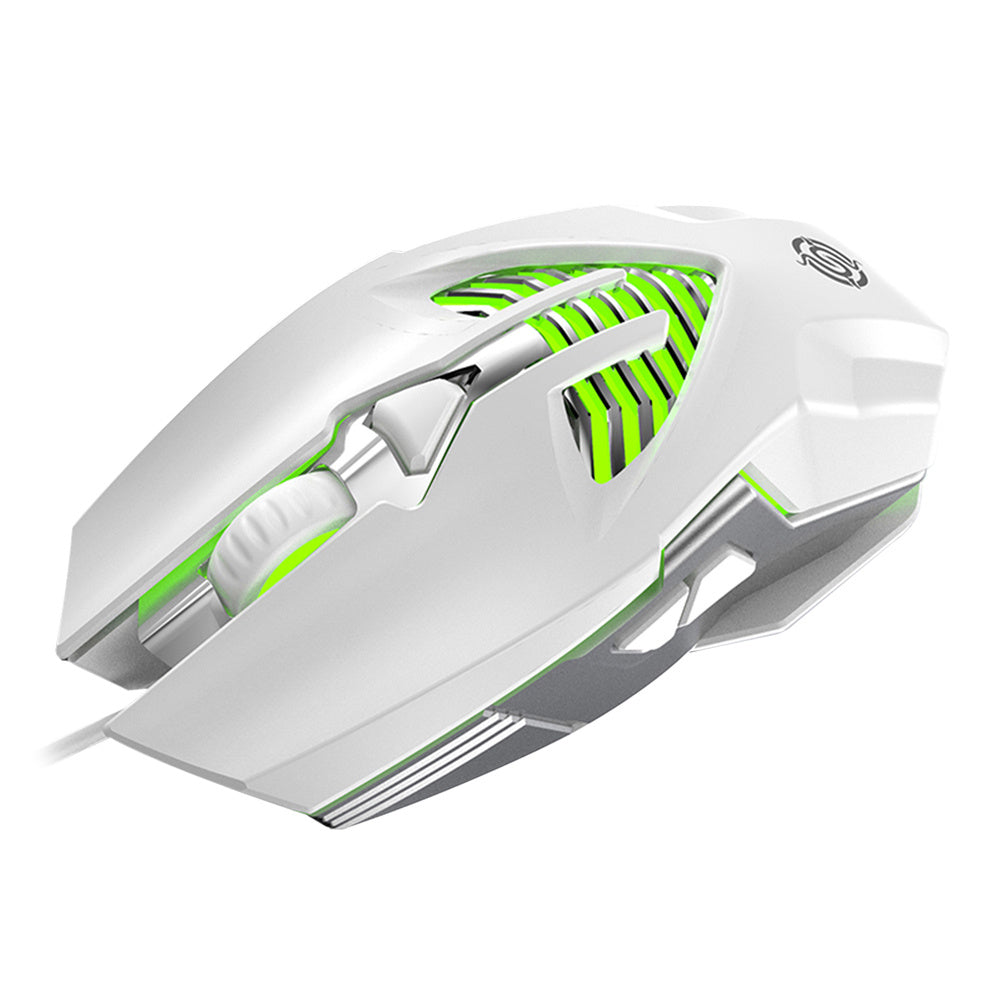 White wired gaming mouse with green striped RGB accents and contoured sides