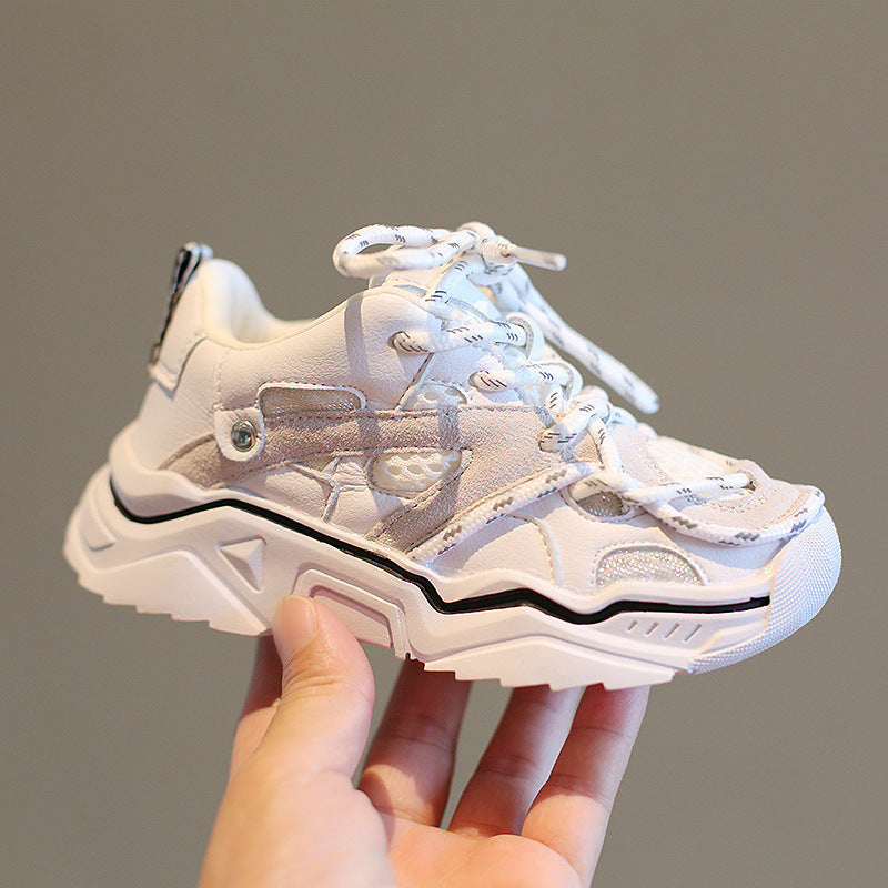 Light gray/white mesh girls' running shoes with light-blue laces and chunky sole
