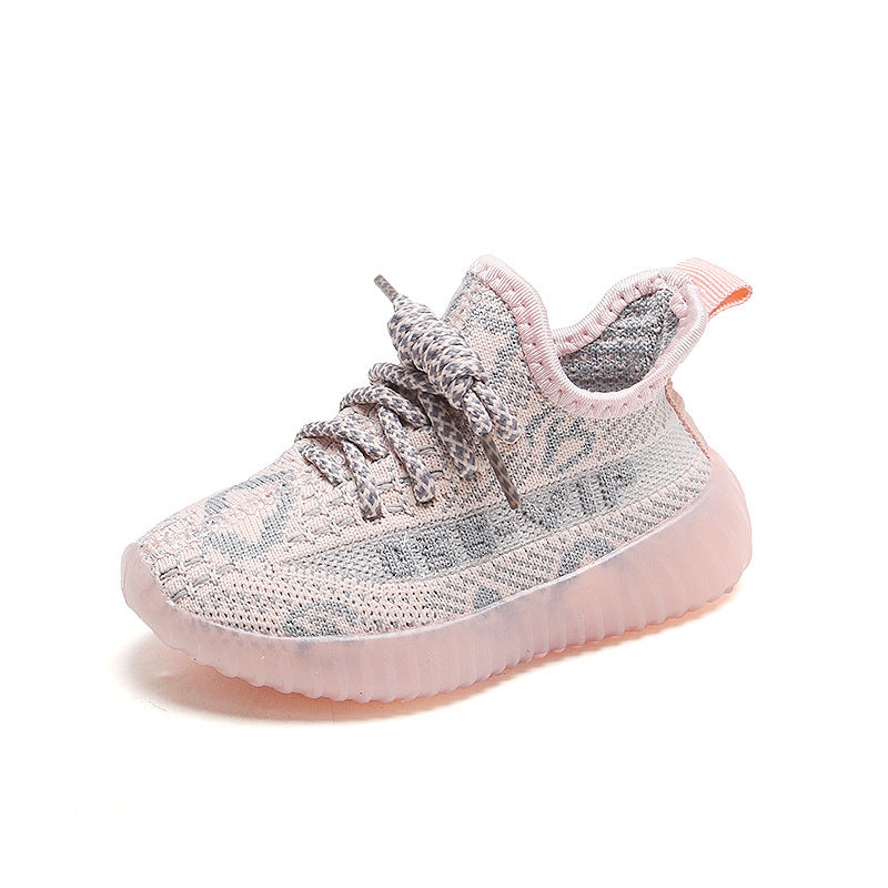 Pink baby net shoe with speckled knit upper, lace-up, and cushioned sole.