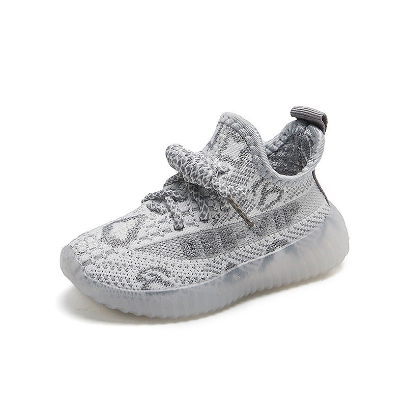 Grey baby net shoe with speckled knit upper, lace-up, and cushioned sole.