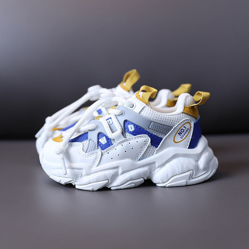 Kids lightweight sport running shoe in white with blue and yellow ribbon accents