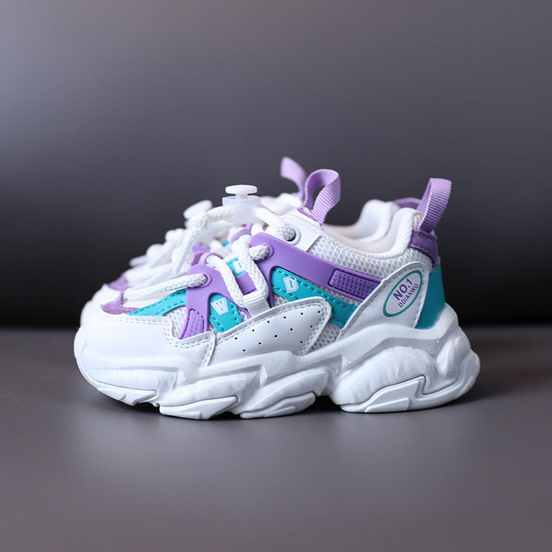 Kids lightweight sport running shoe in white with purple and teal panel accents